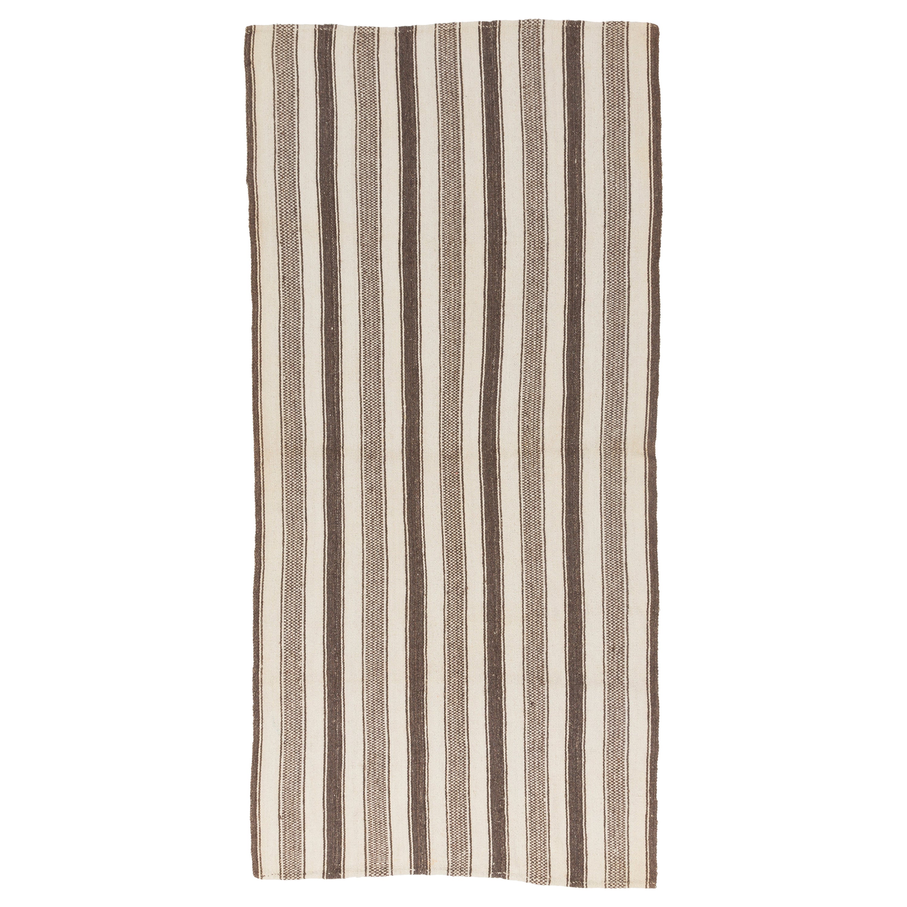 4.4x9.2 Ft Vintage Striped Turkish Kilim Rug Made of Natural Beige & Brown Wool (tapis turc rayé en laine naturelle beige et brune)