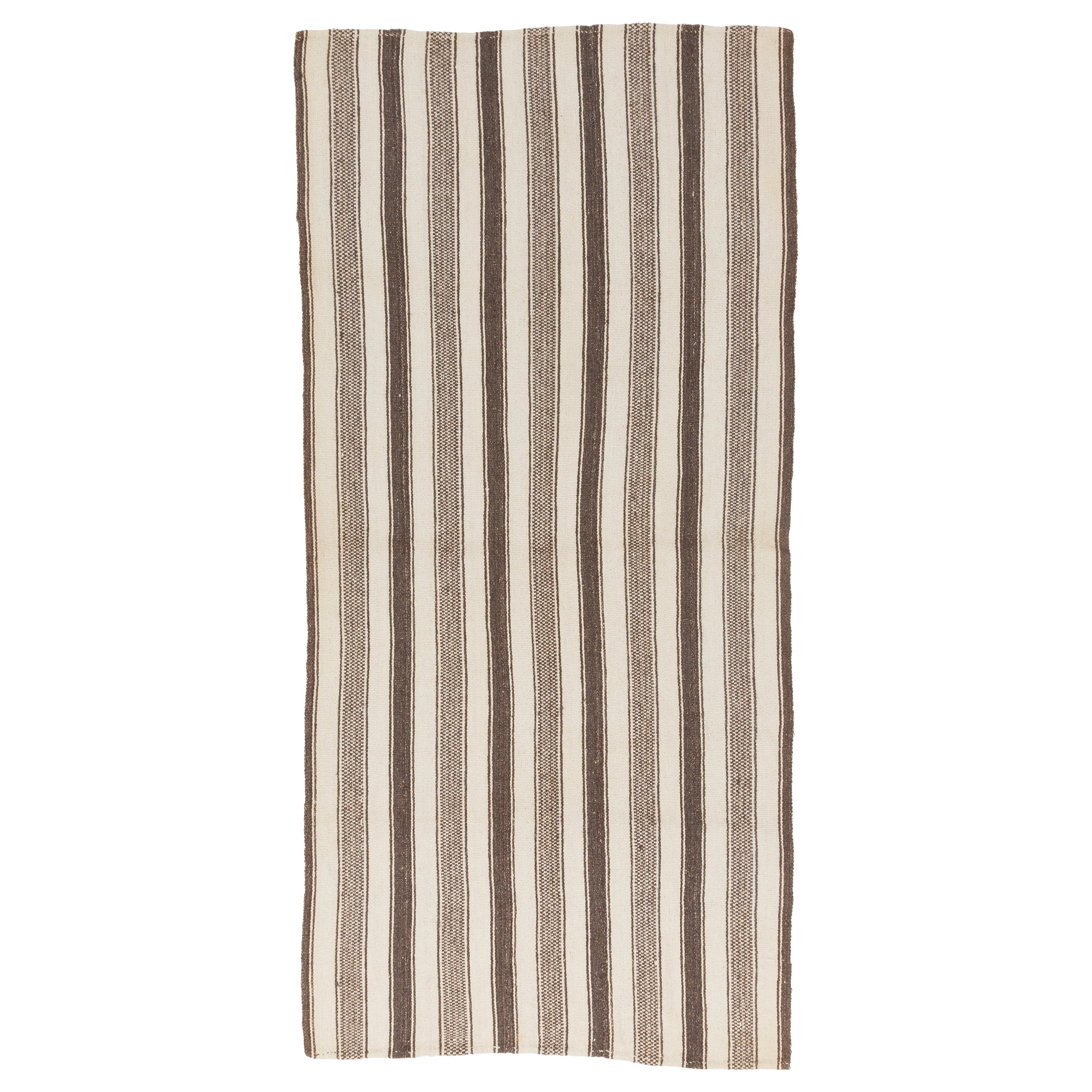 4.4x9.2 Ft Vintage Striped Turkish Kilim Rug Made of Natural Beige & Brown Wool For Sale