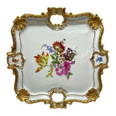 Fine Meissen Germany Porcelain Gold and Floral Square Twin Handled Tray, C1920