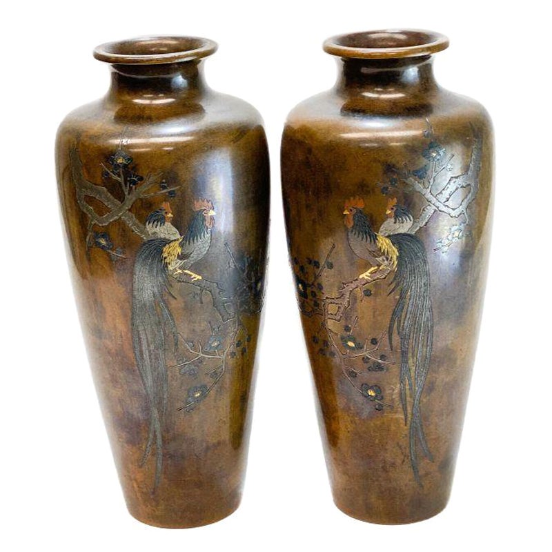 Pair of Japanese Meiji Period Bronze Mixed Metal Inlay Rooster Vases For Sale