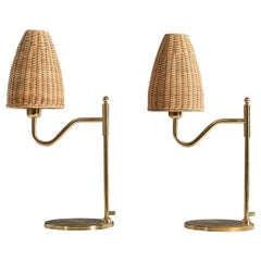 Swedish Designer, Table Lamps, Brass, Rattan, Sweden, 1970s