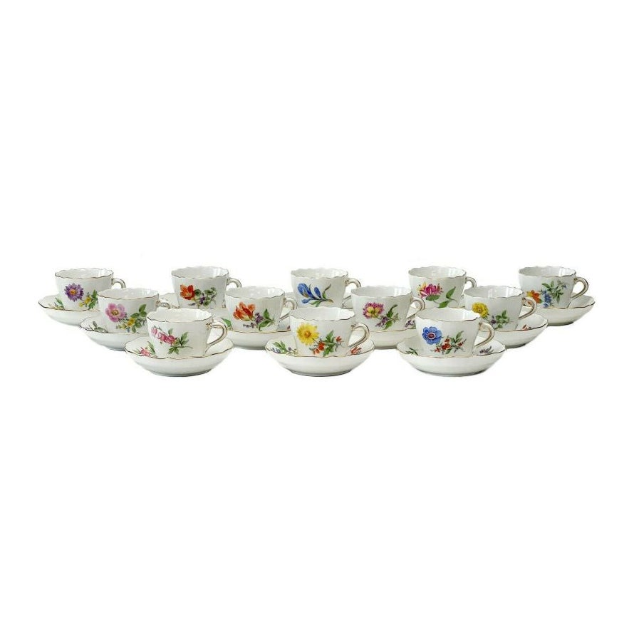 12 Meissen Germany Hand Painted Porcelain Demitasse Cups & Saucers Florals For Sale