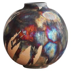 Raaquu Raku Fired Large Globe Vase S/N0000424 Centerpiece Art Series, Malaysia