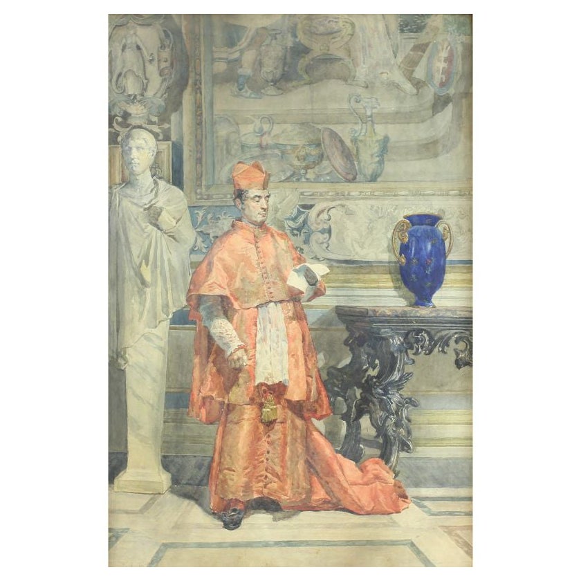 Aquarelle d'Edoardo Navone représentant un Cardinal dans un palais en vente