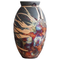 Raaquu Raku Fired Large Oval Vase S/N0000482 Centerpiece Art Series, Malaysia