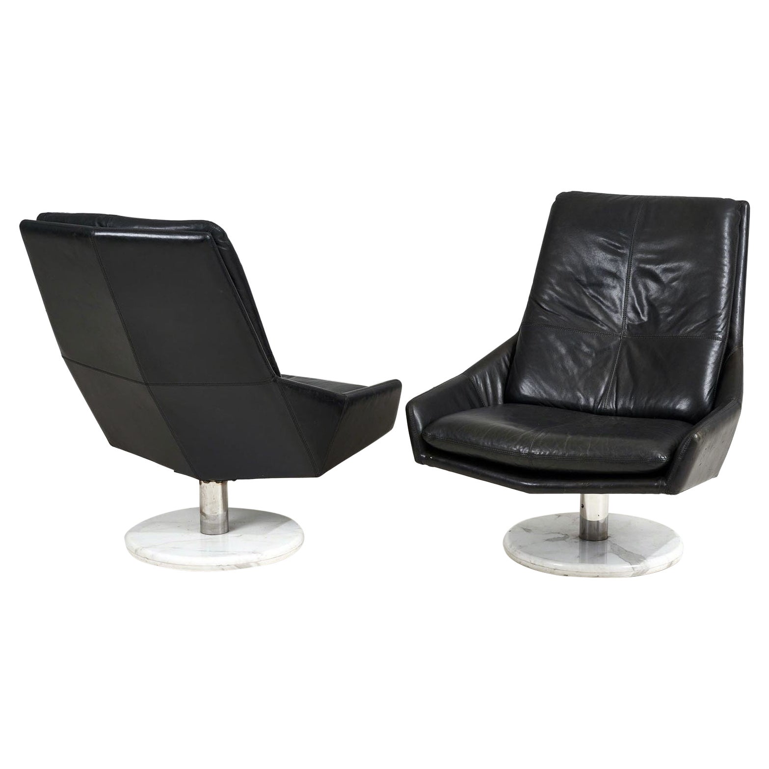 Black Leather Lounge Chairs with Calacutta Marble Bases, 1970 For Sale