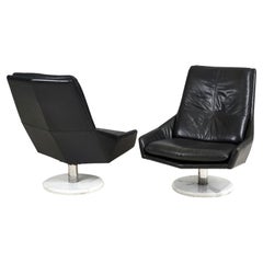 Retro Black Leather Lounge Chairs with Calacutta Marble Bases, 1970