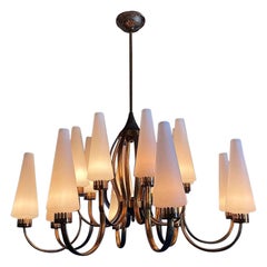 Angelo Leli for Arredoluce Lange Brass Chandelier with White Murano Glass Vases