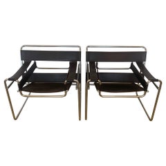 Pair of Wassily Leather Strap and Chrome Club Chairs in Style of Marcel Breuer