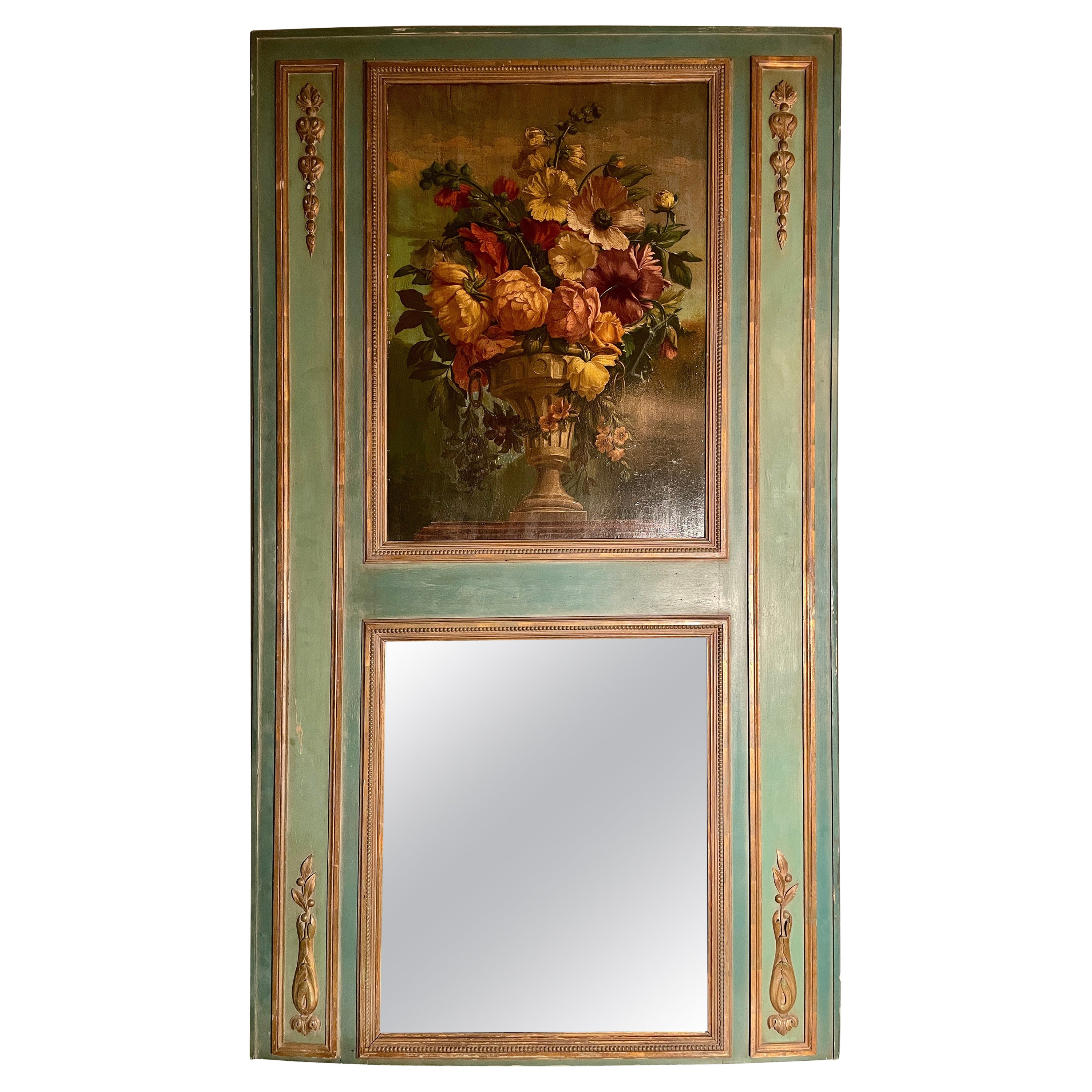 Antique French Sage Green & Gold Trumeau Mirror with Floral Painting, Circa 1890 For Sale
