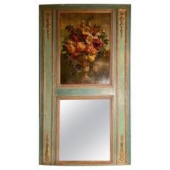 Antique French Sage Green & Gold Trumeau Mirror with Floral Painting, Circa 1890