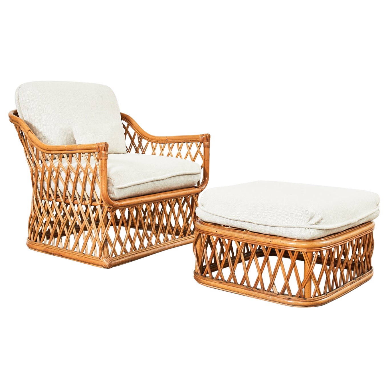 Mid-Century Italian Bamboo Rattan Lounge Chair and Ottoman