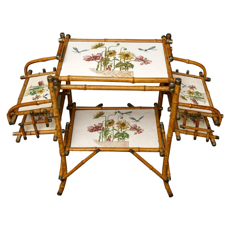 Bamboo Table with Metal Caps and Tile Inserts For Sale at 1stDibs