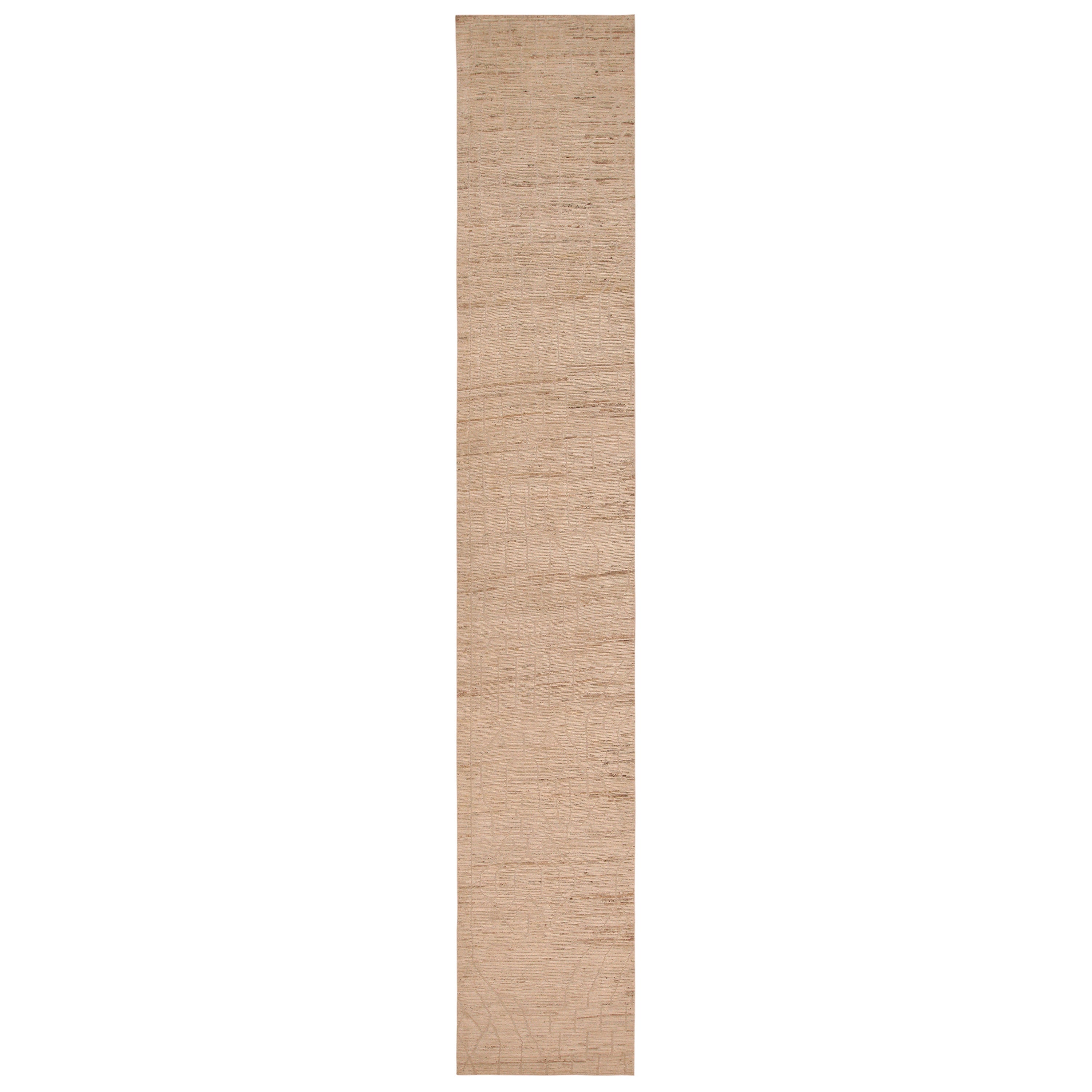 Nazmiyal Collection Cream Color Modern Moroccan Design Runner 3 ft x 18 ft 7 in For Sale