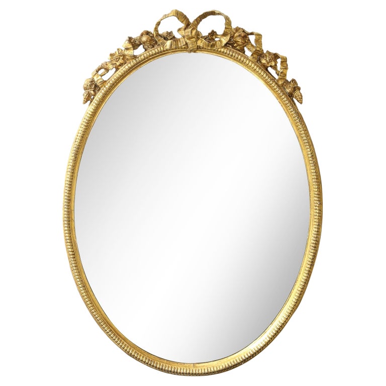 French Oval Gilt Mirror with Bow Crest, 1860 For Sale at 1stDibs