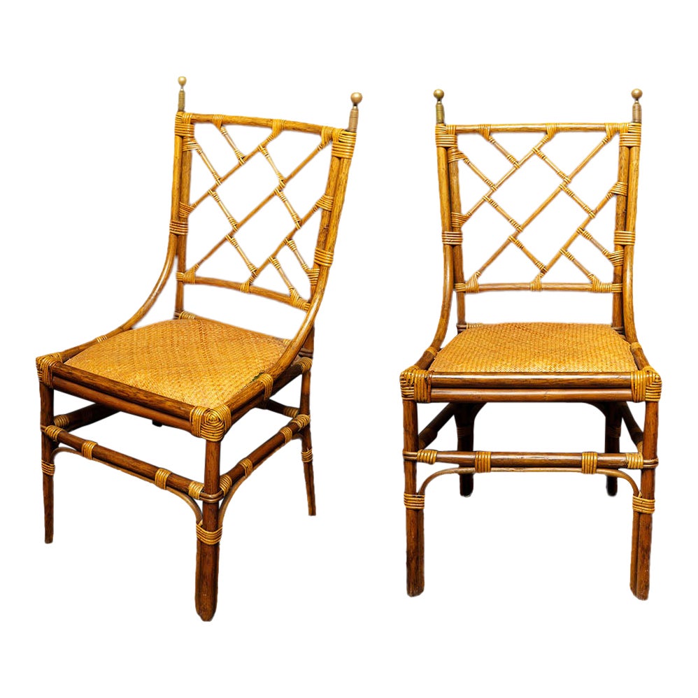 Pair of Mid Century French Rattan Brass Side Chairs