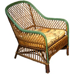 Vintage Wicker Chair W/ Cushion and a Green Painted Edge