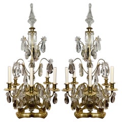 Paire de candélabres Girandoles françaises anciennes en cristal de Baccarat et bronze doré, vers 1880