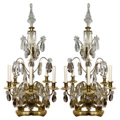 Pair Antique French Baccarat Crystal & Gold Bronze Girandoles Candelabra, C 1880