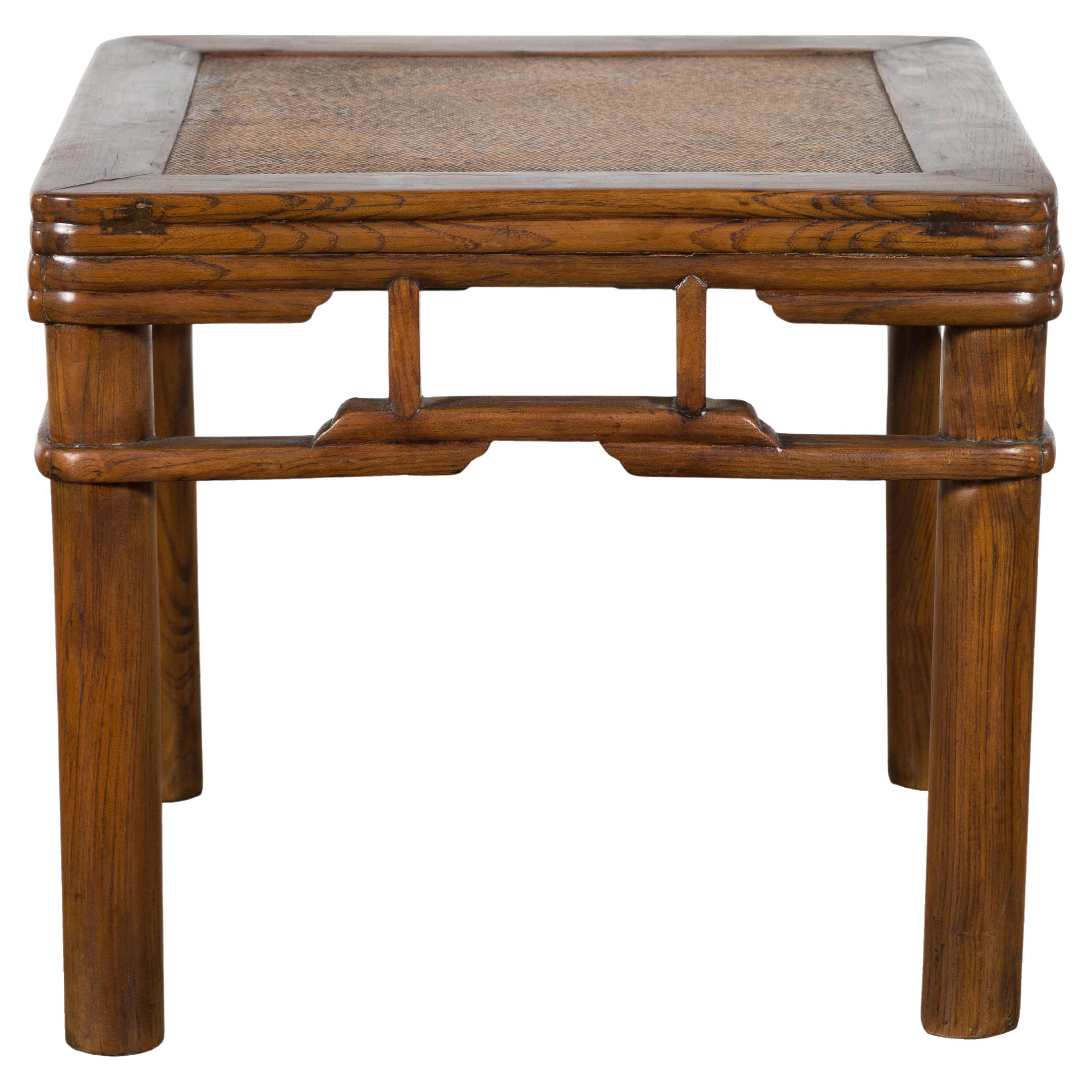 Qing Dynasty Early 20th Century Elmwood Side Table with Woven Rattan Top