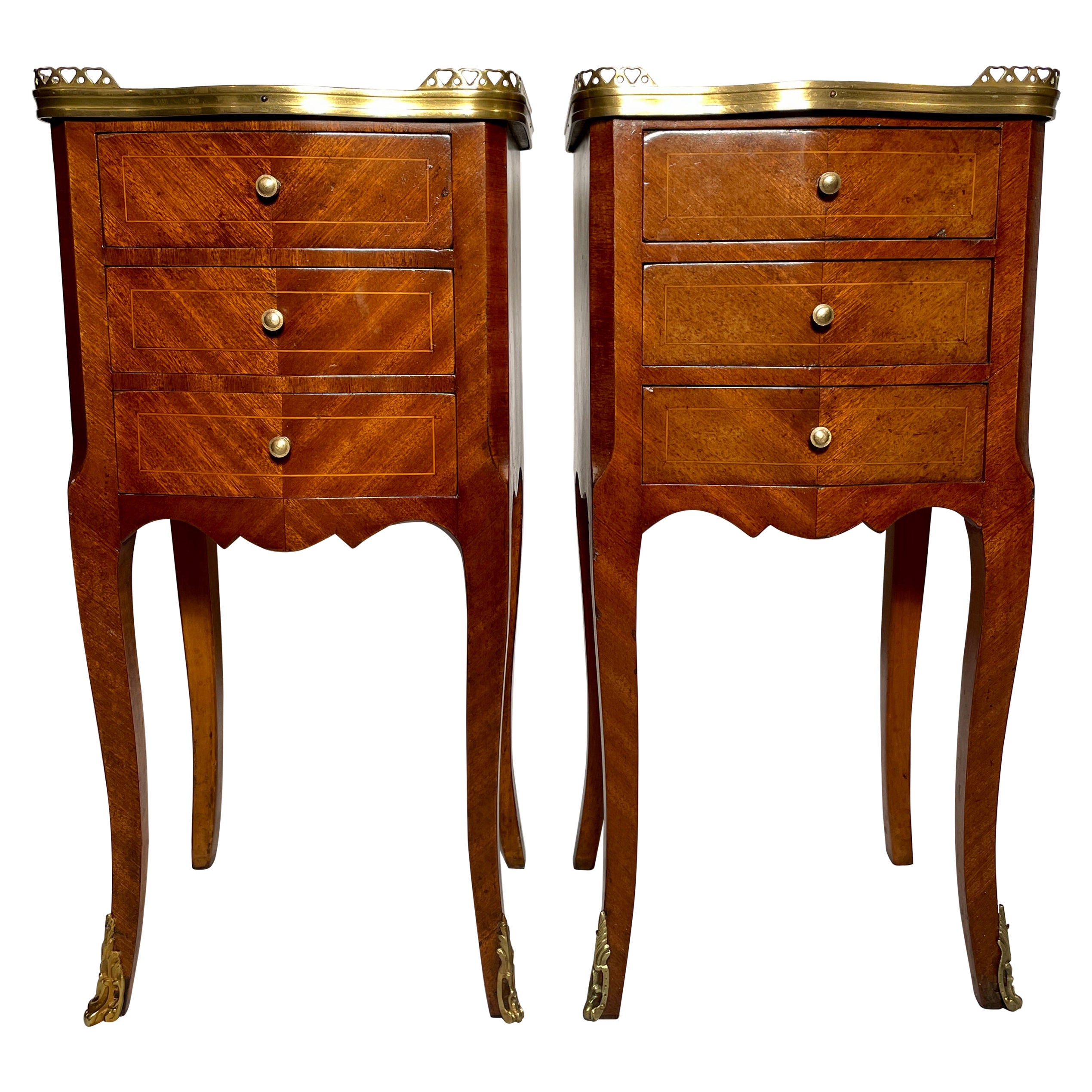 Pair Antique French Inlaid Mahogany Galleried-Top Bedside Tables, Circa 1900