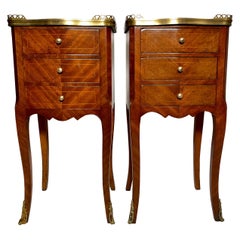Pair Antique French Inlaid Mahogany Galleried-Top Bedside Tables, Circa 1900