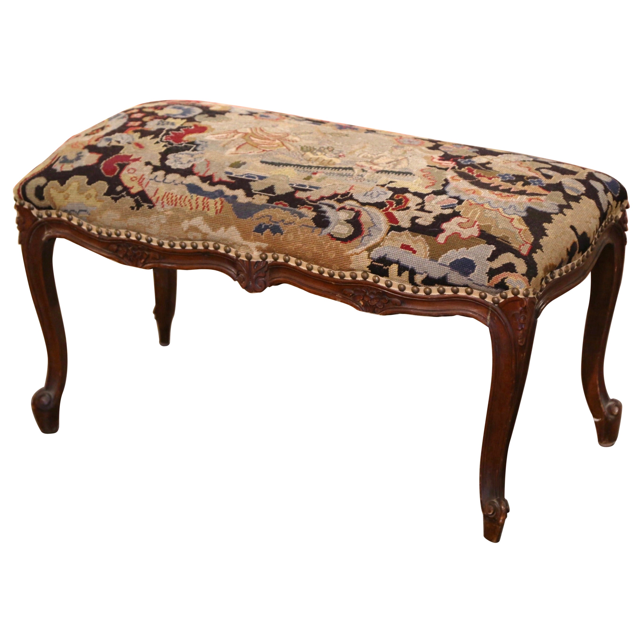 Early 20th Century French Louis XV Walnut Bench with Needlepoint Tapestry