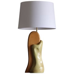 Designer American Modernist Table Lamp, Ceramic and Oak