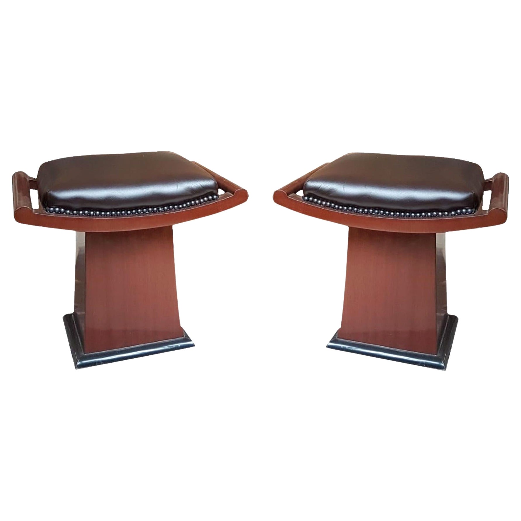 2 Amaizing Art Deco Stool in Leather and Wood, France, 1940 For Sale