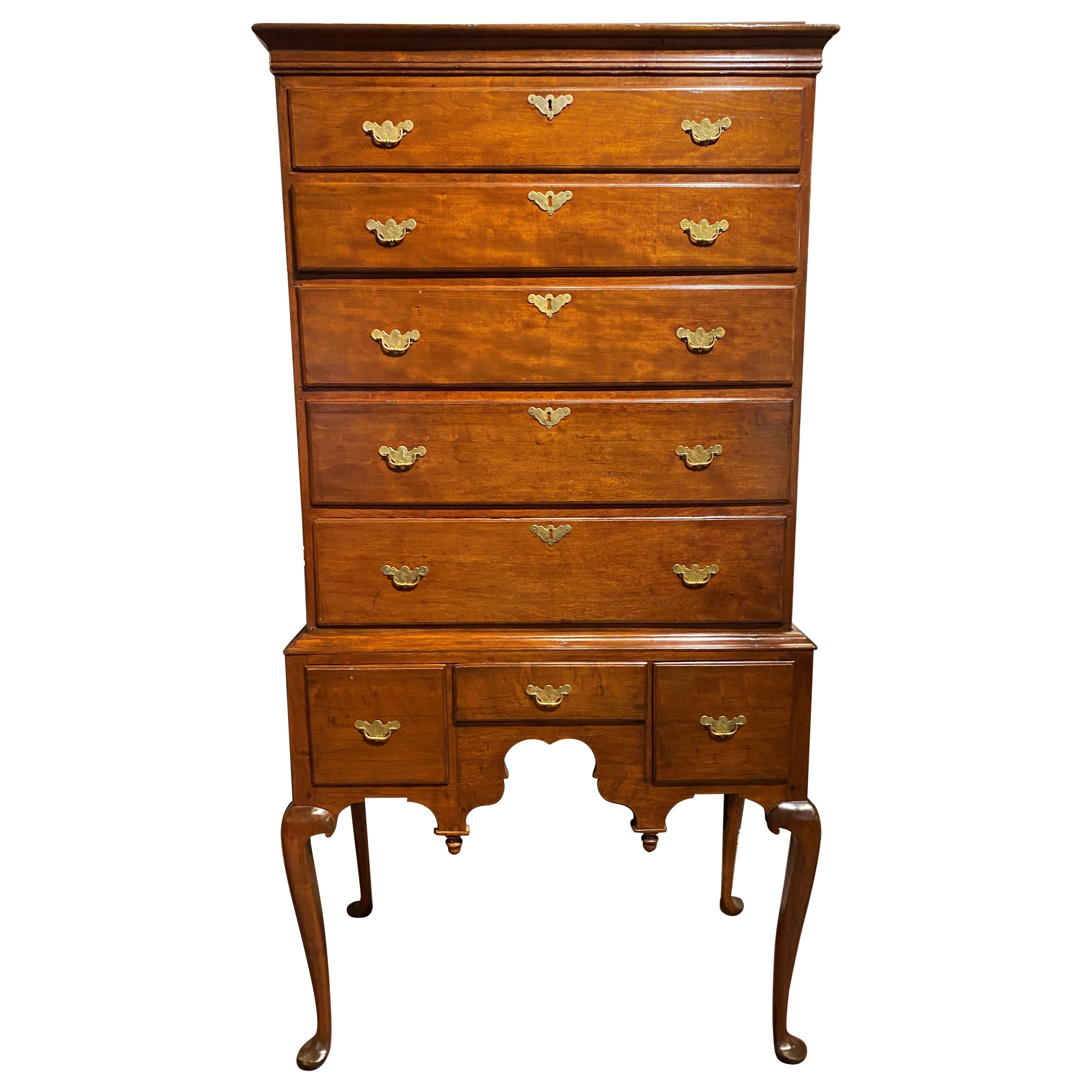 18th Century Queen Anne Highboy with Engraved Brasses For Sale