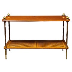 Mahogany Side Table w/ Caned Bottom Shelf and Faux Bamboo Metal Legs