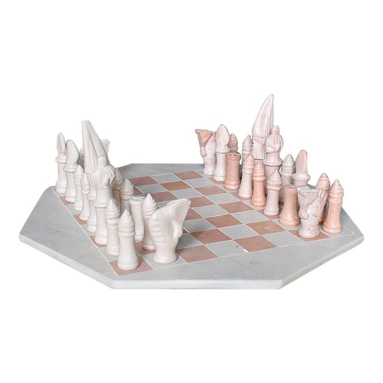 Pink and Cream Geometric African Stone Marble Complete Chess Set, Kenya