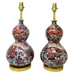 Antique Vintag Japanese Chinese Imari Porcelain Ormolu Table Lamps Blue Red Pair