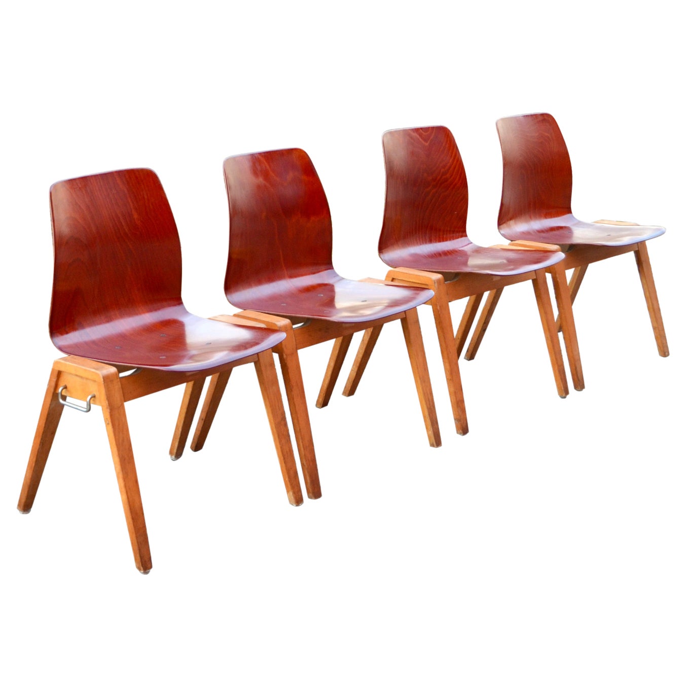 Mid-Century Bentwood Plywood Chairs Stackable by Royal Germany Set of 4 For Sale