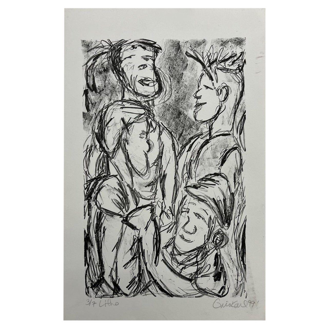 1999 Art by Gina Kail Lithograph 3/7 Abstract Male Figures For Sale
