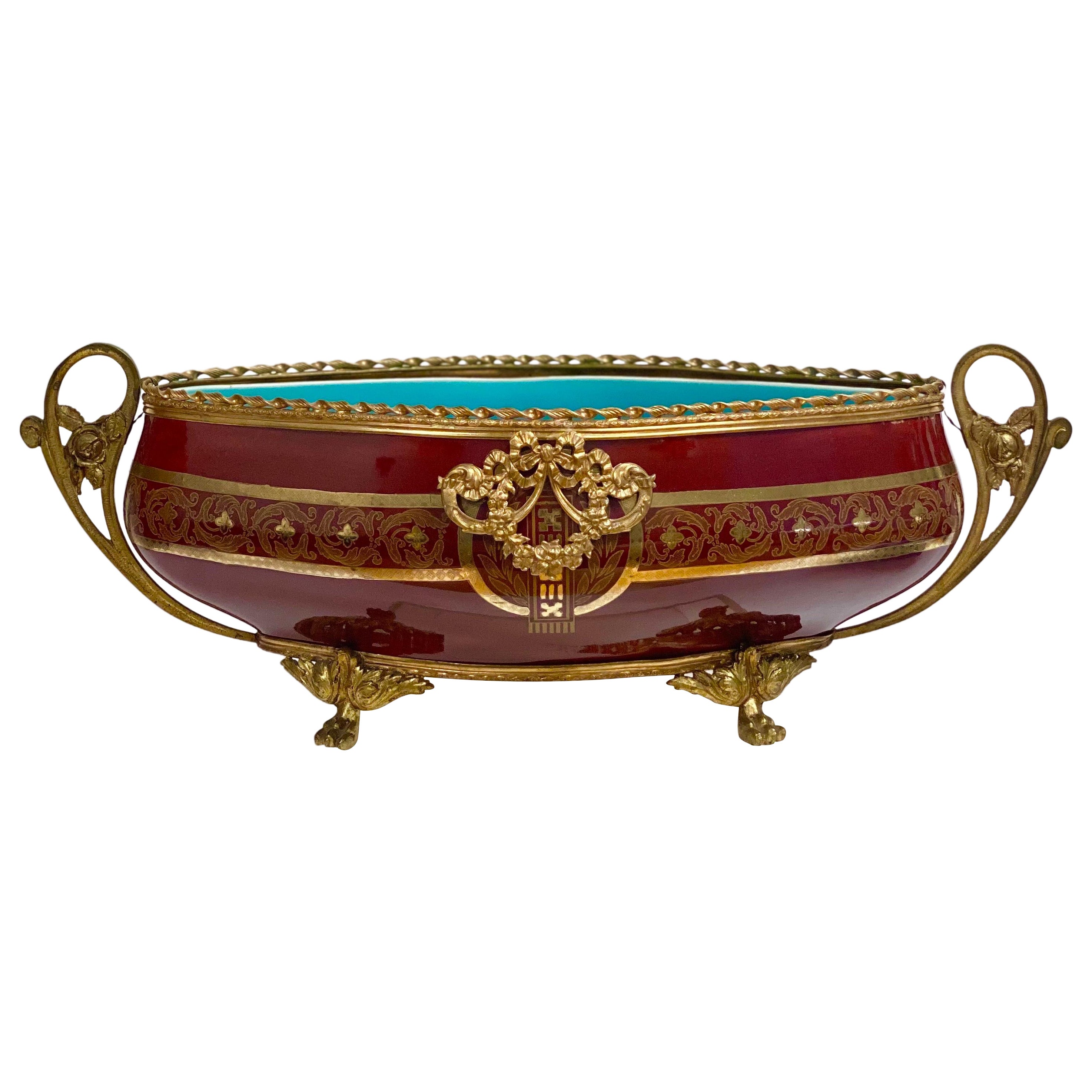 1920s French Sarreguemines Red Majolica Bronze Ormolu Jardiniere Bowl For Sale