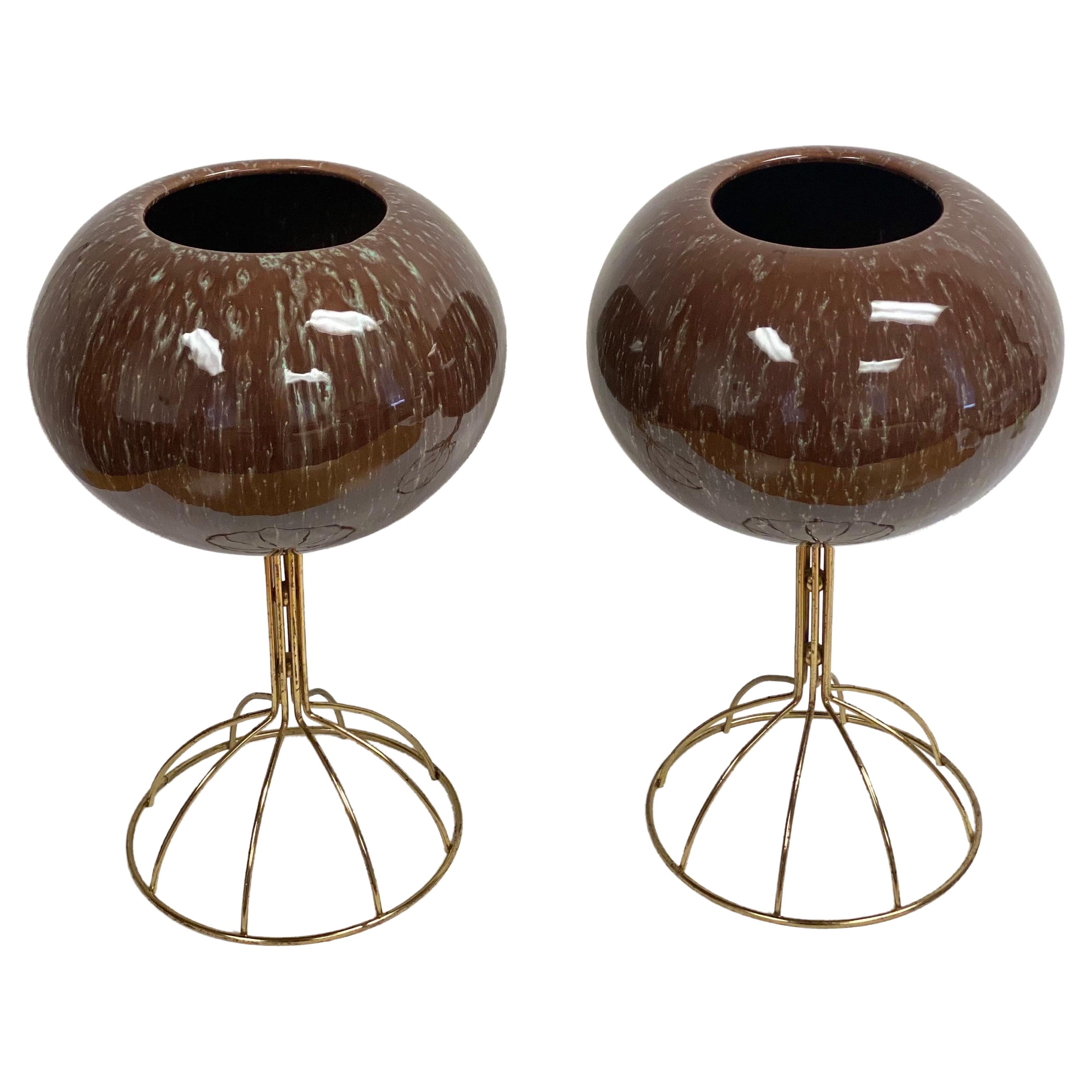 Vintage Italian Brown Ceramic Sphere Planters with Brass Stands, a Pair