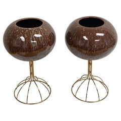 Used Italian Brown Ceramic Sphere Planters with Brass Stands, a Pair