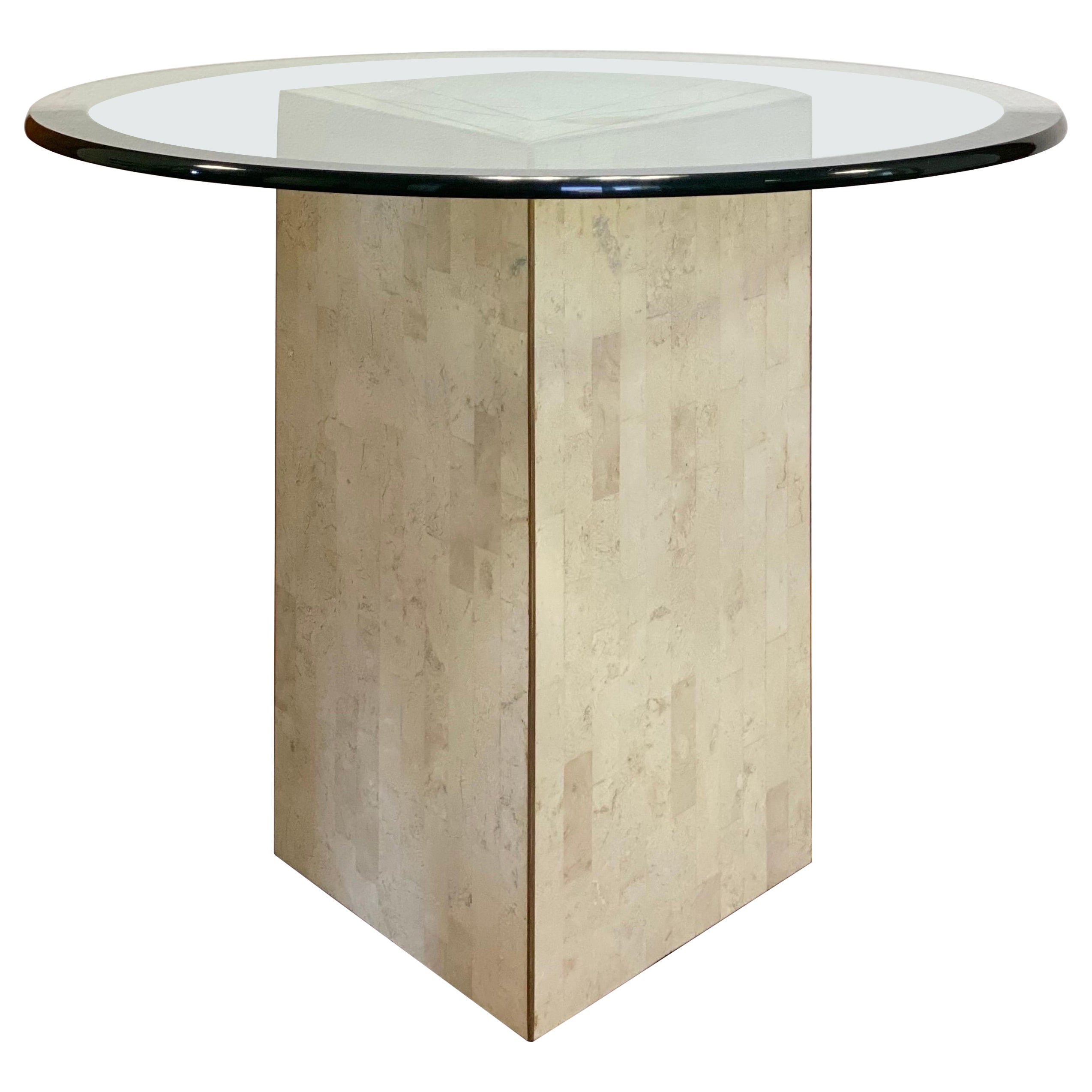 1970s Maitland-Smith Style Tessellated Marble and Glass Round Side Table