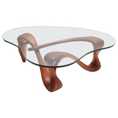 Sinuous Studio Craft Cocktail Table in Solid Mahogany w Biomorphic Glass, 1960s