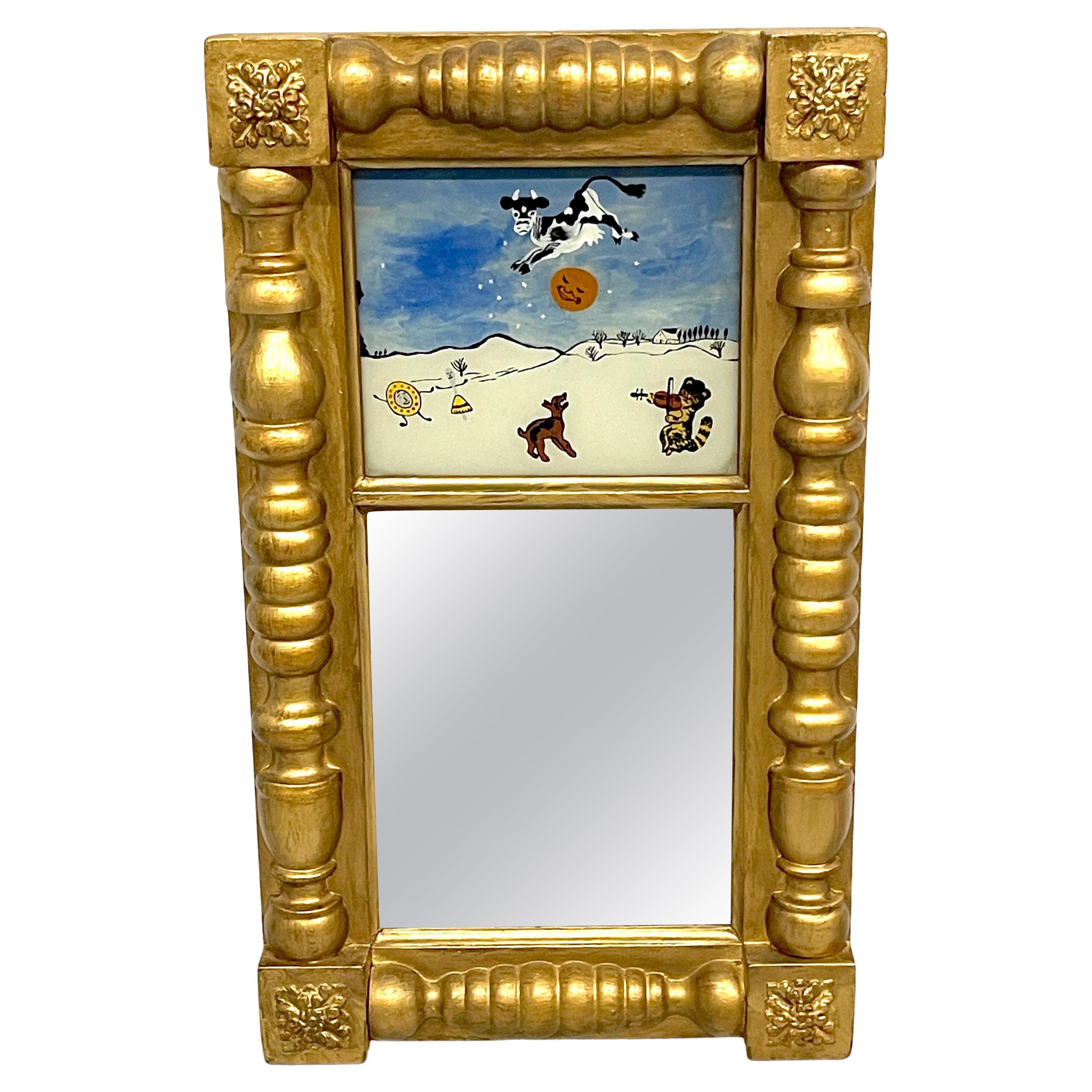 Antique miroir d'enfant églomisé anglais peint à l'envers « Hey Diddle »