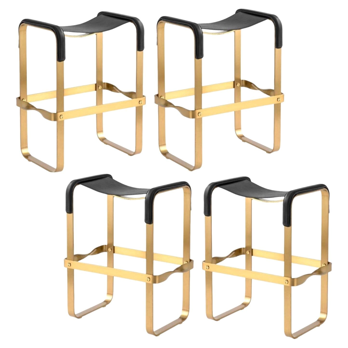 Set of 4 Classic Contemporary Counter Barstool, Aged Brass Metal & Black Leather For Sale