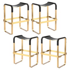 Set of 4 Classic Contemporary Counter Barstool, Aged Brass Metal & Black Leather