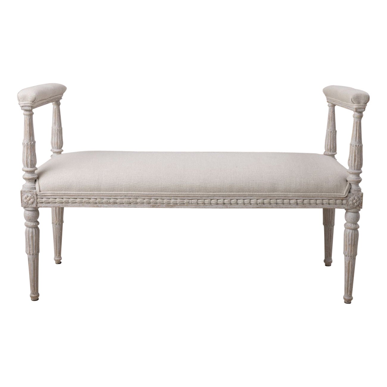19th C. Swedish Gustavian Painted Window Seat Bench with Armrests