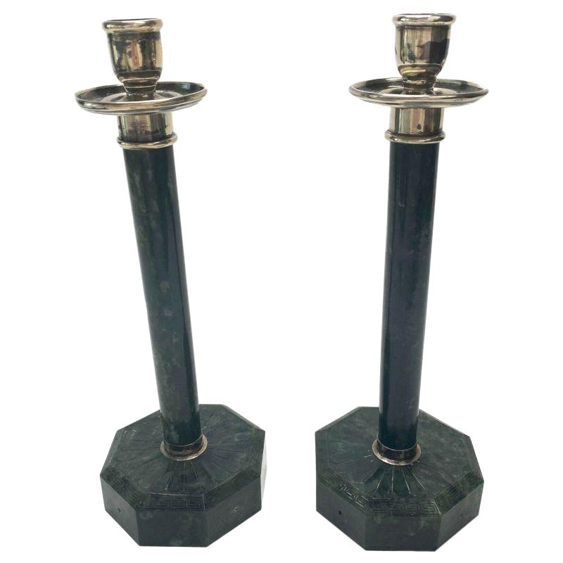 American Green Marble & Silver Mount Candle Sticks, circa 1920 For Sale