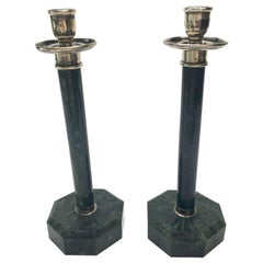 Used American Green Marble & Silver Mount Candle Sticks, circa 1920