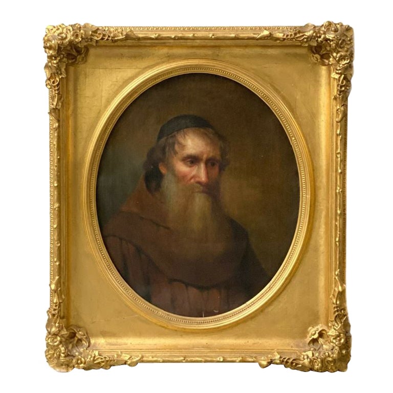 Large Oil on Canvas Portrait Painting of a Monk, Gilt Wood Frame, 19th Century
