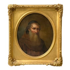 Antique Large Oil on Canvas Portrait Painting of a Monk, Gilt Wood Frame, 19th Century