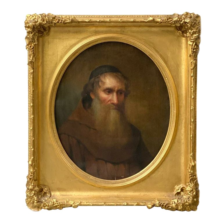 Large Oil on Canvas Portrait Painting of a Monk, Gilt Wood Frame, 19th ...