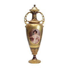 Antique Stunning Dresden Germany Porcelain Jeweled Portrait Urn, 19th Century